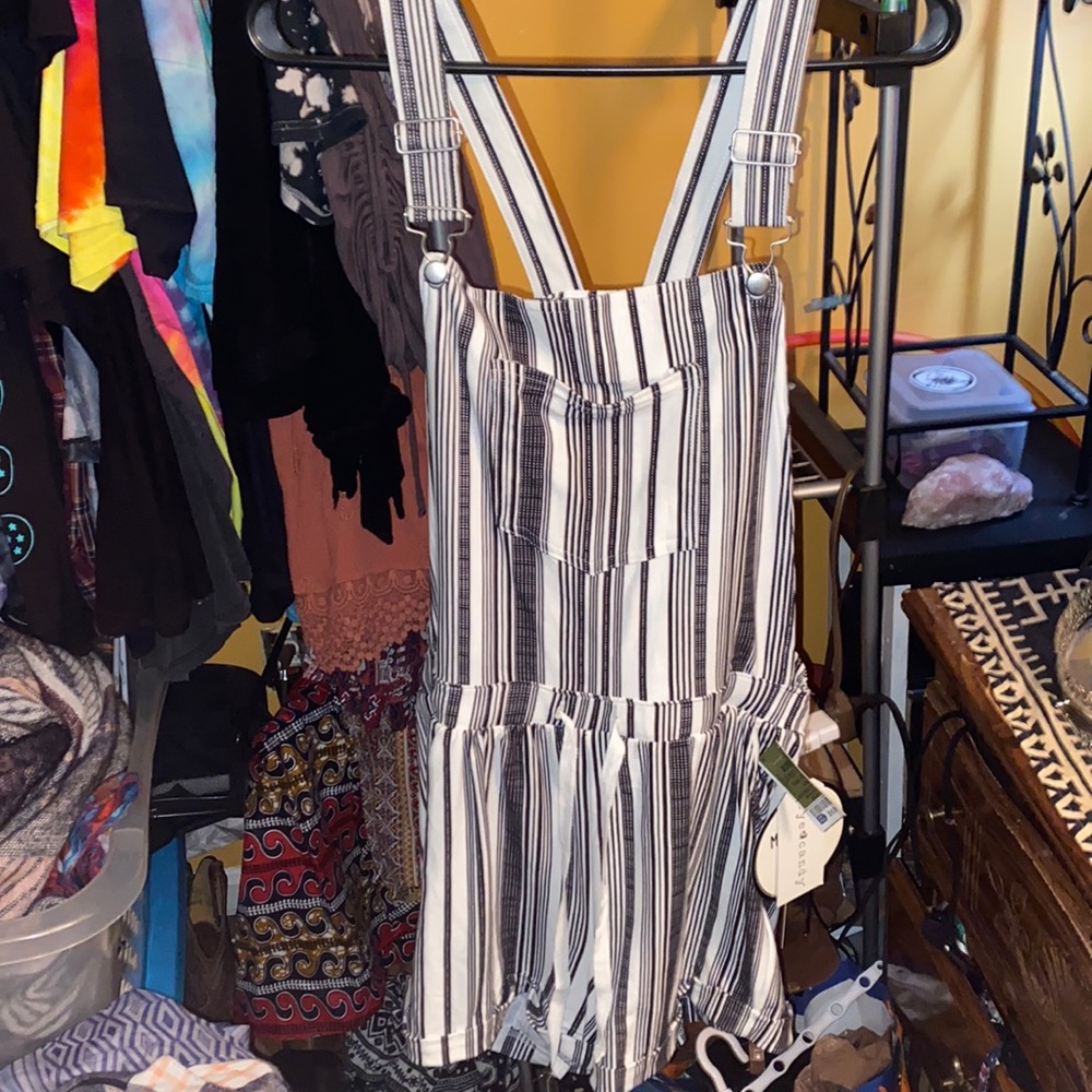 Black white pin strip overall shorts